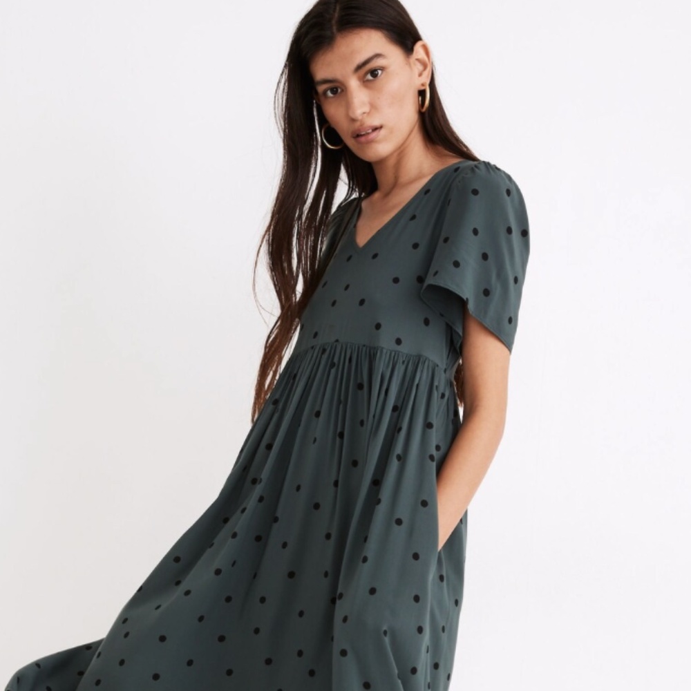 Puff-Sleeve V-Neck Midi Dress in Tossed Dot